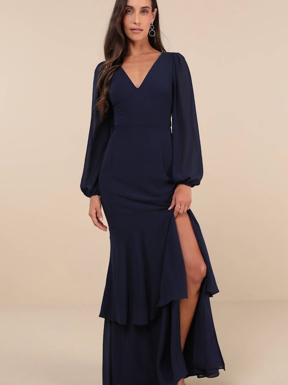 Lulus Navy Long-Sleeve V-Neck Evening Dress with Side Slit